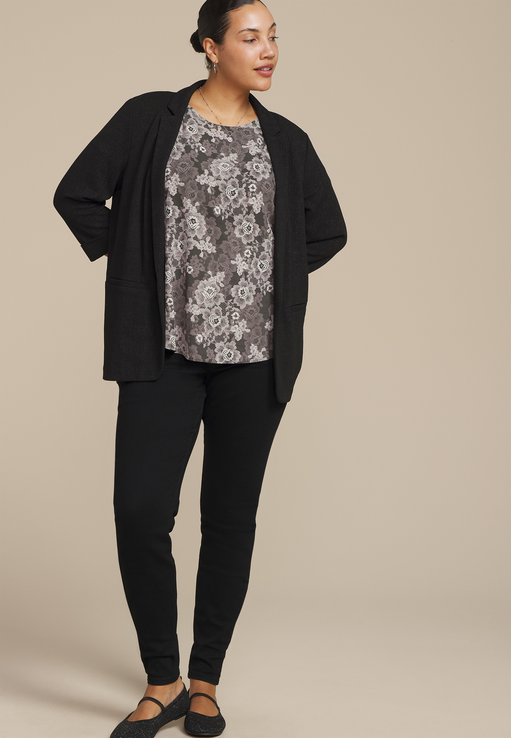 Plus Size Delton Floral Lace Print Zipper Back Blouse, C1755, large