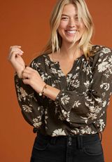 Olive Floral Peasant Blouse, C1829, small