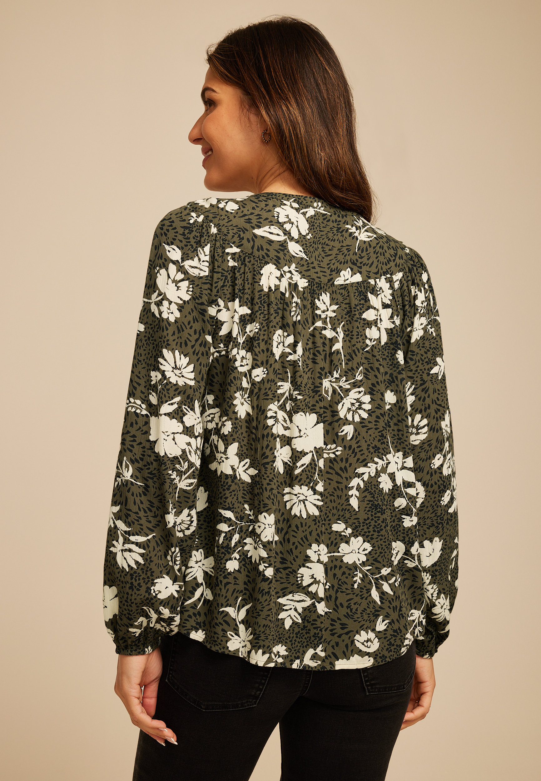 Olive Floral Peasant Blouse, C1829, large