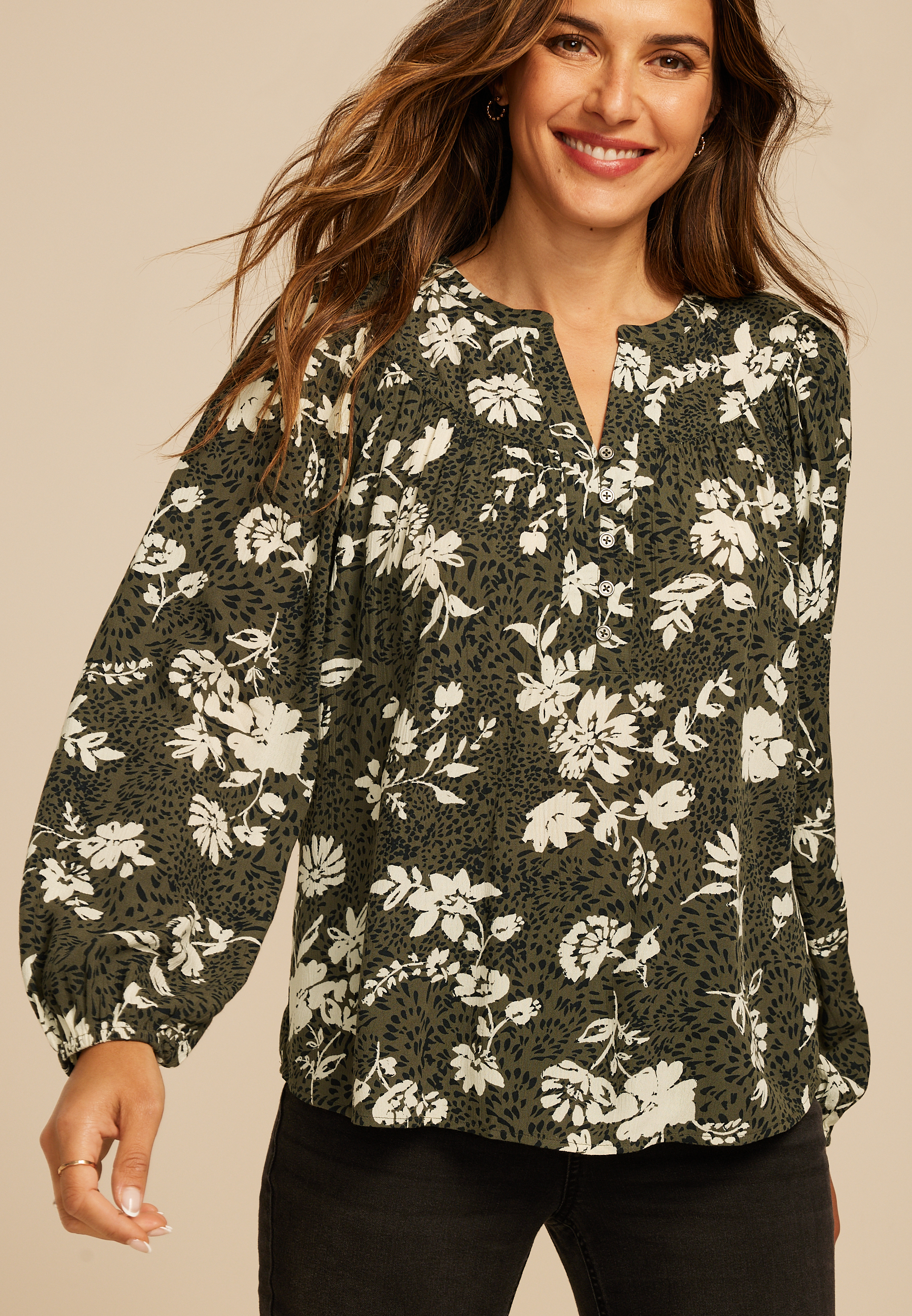 Olive Floral Peasant Blouse, C1829, large