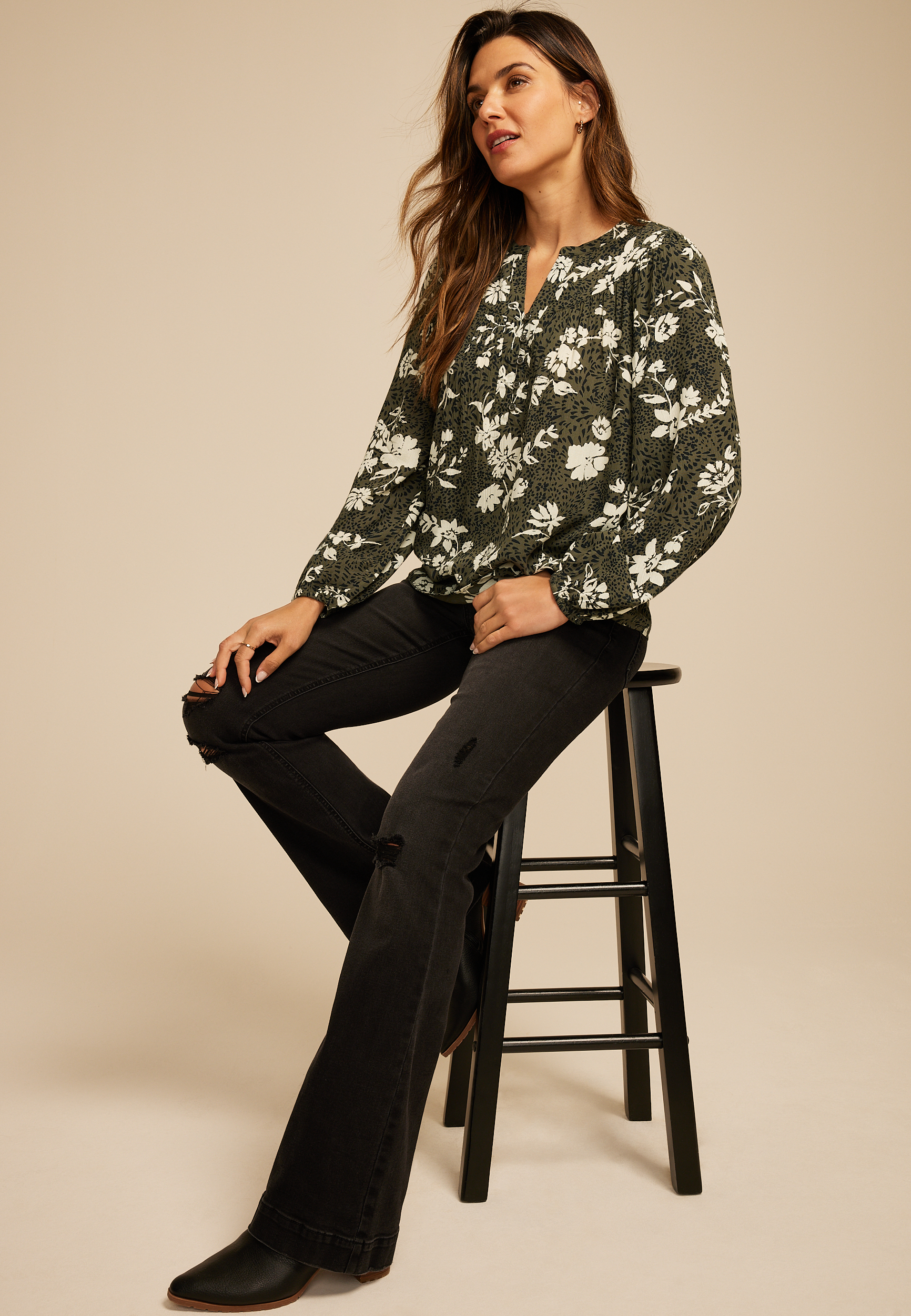Olive Floral Peasant Blouse, C1829, large