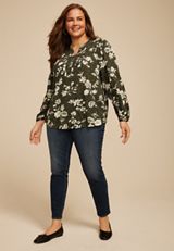 Plus Size Olive Floral Peasant Blouse, C1829, small