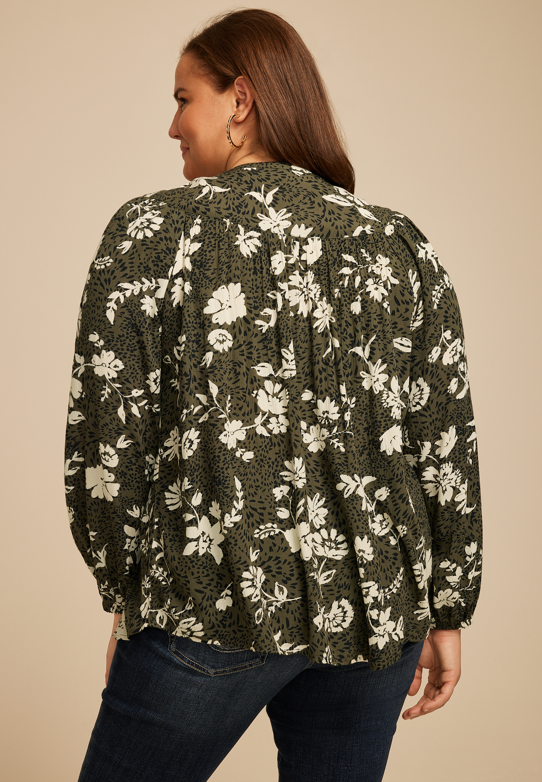 Plus Size Olive Floral Peasant Blouse, C1829, large