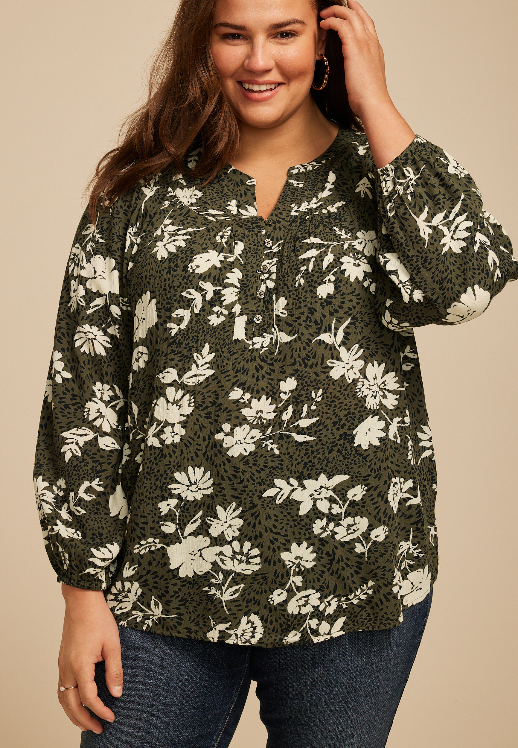 Plus Size Olive Floral Peasant Blouse, C1829, large