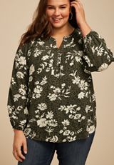 Plus Size Olive Floral Peasant Blouse, C1829, small