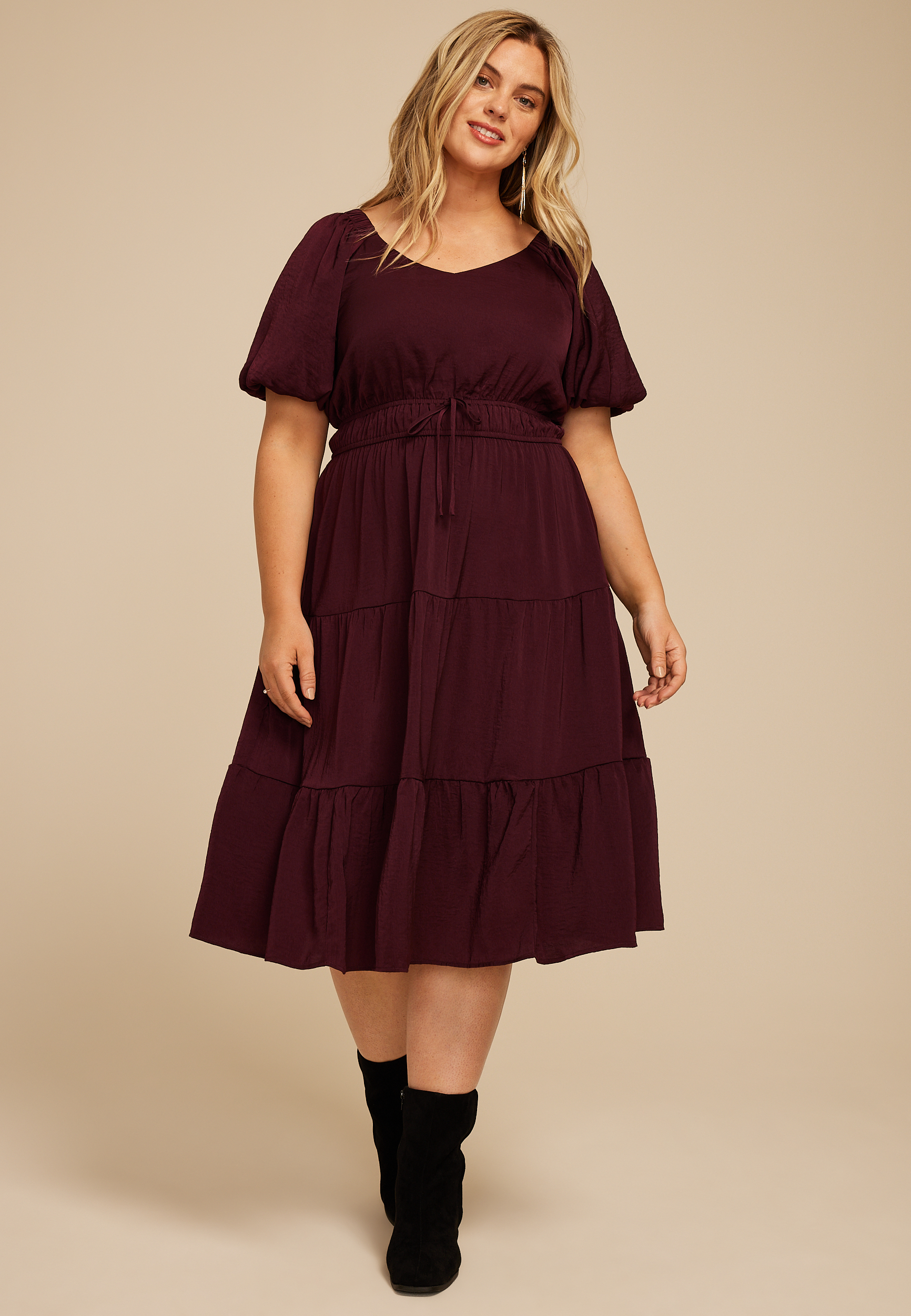 Plus Size Tiered Tunnel Waist Midi Dress, C7176, large