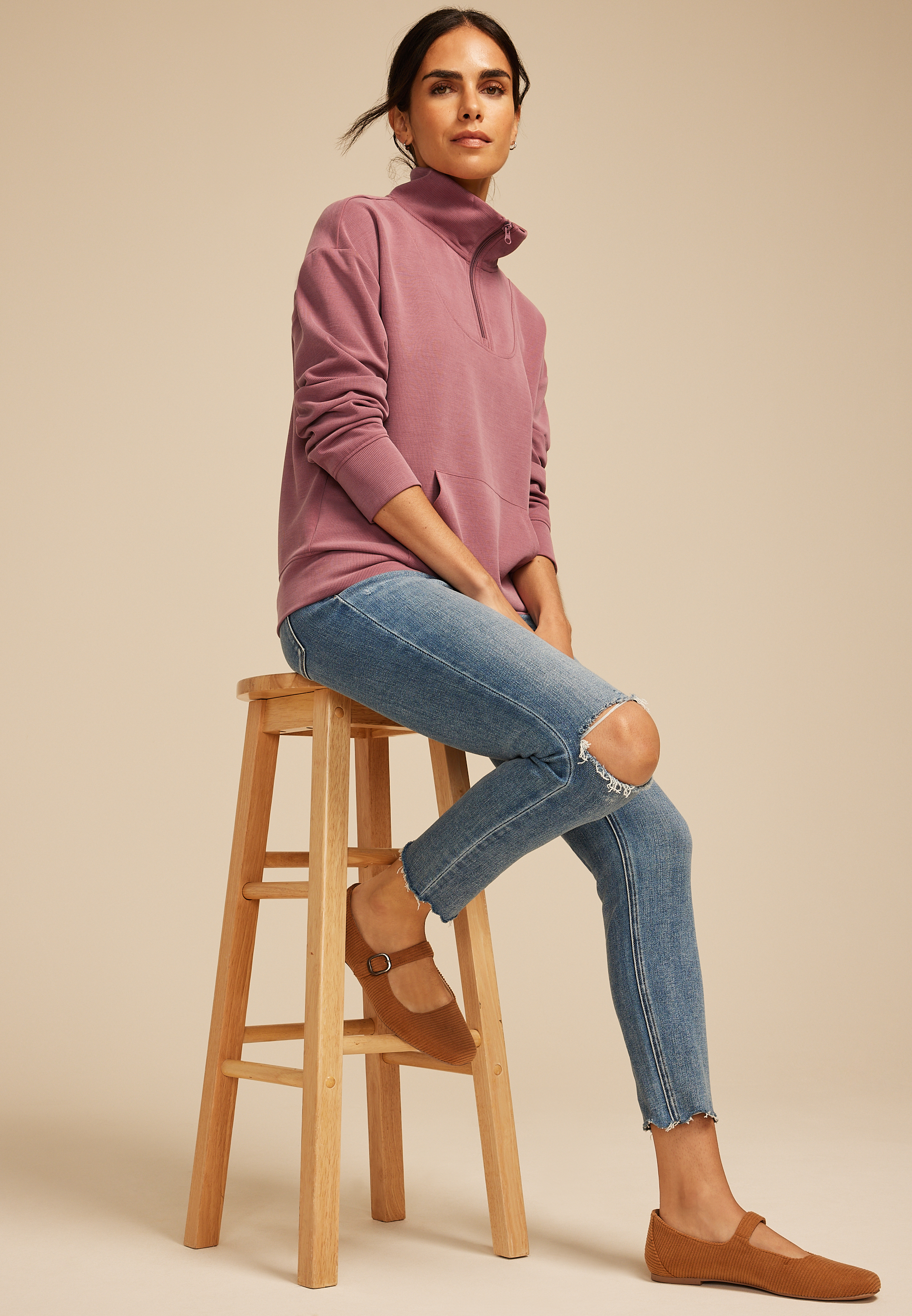 Scuba Knit Quarter Zip Sweatshirt, ROSE BROWN, large