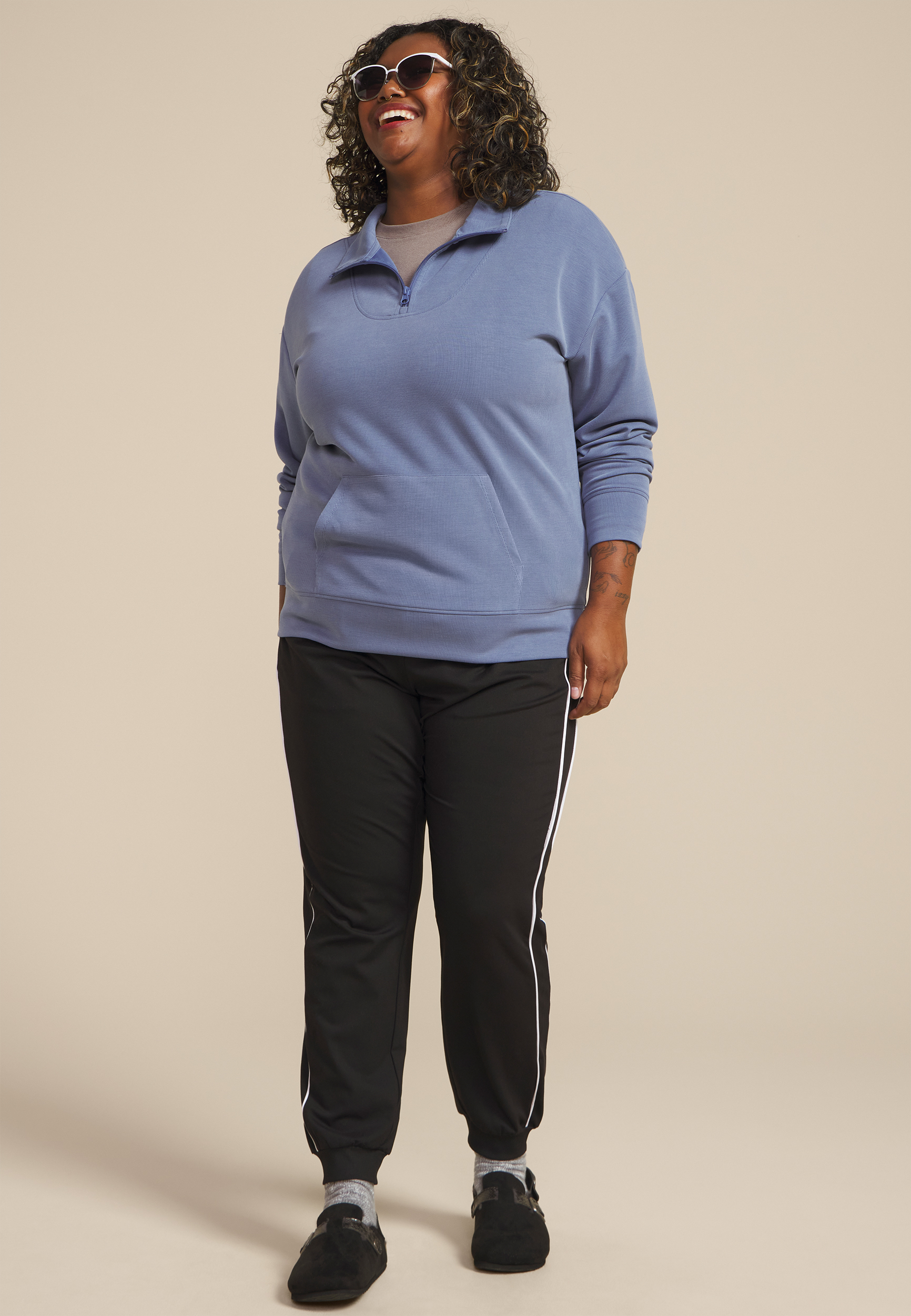 Plus Size Scuba Knit Quarter Zip Sweatshirt, BIJOU BLUE, large