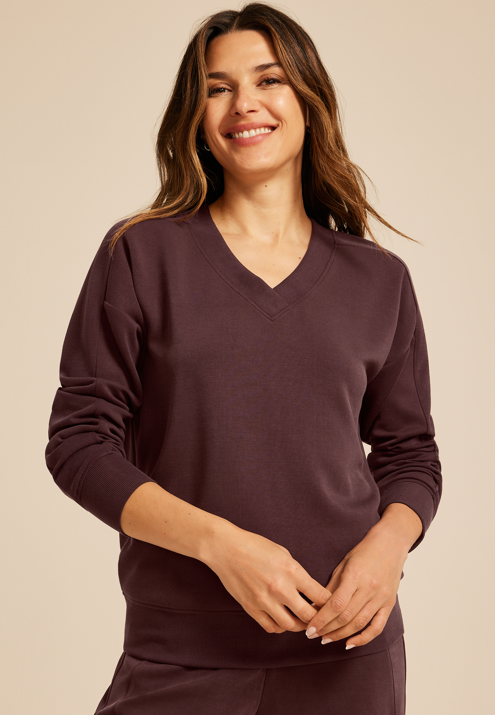 Solid V Neck Scuba Knit Sweatshirt