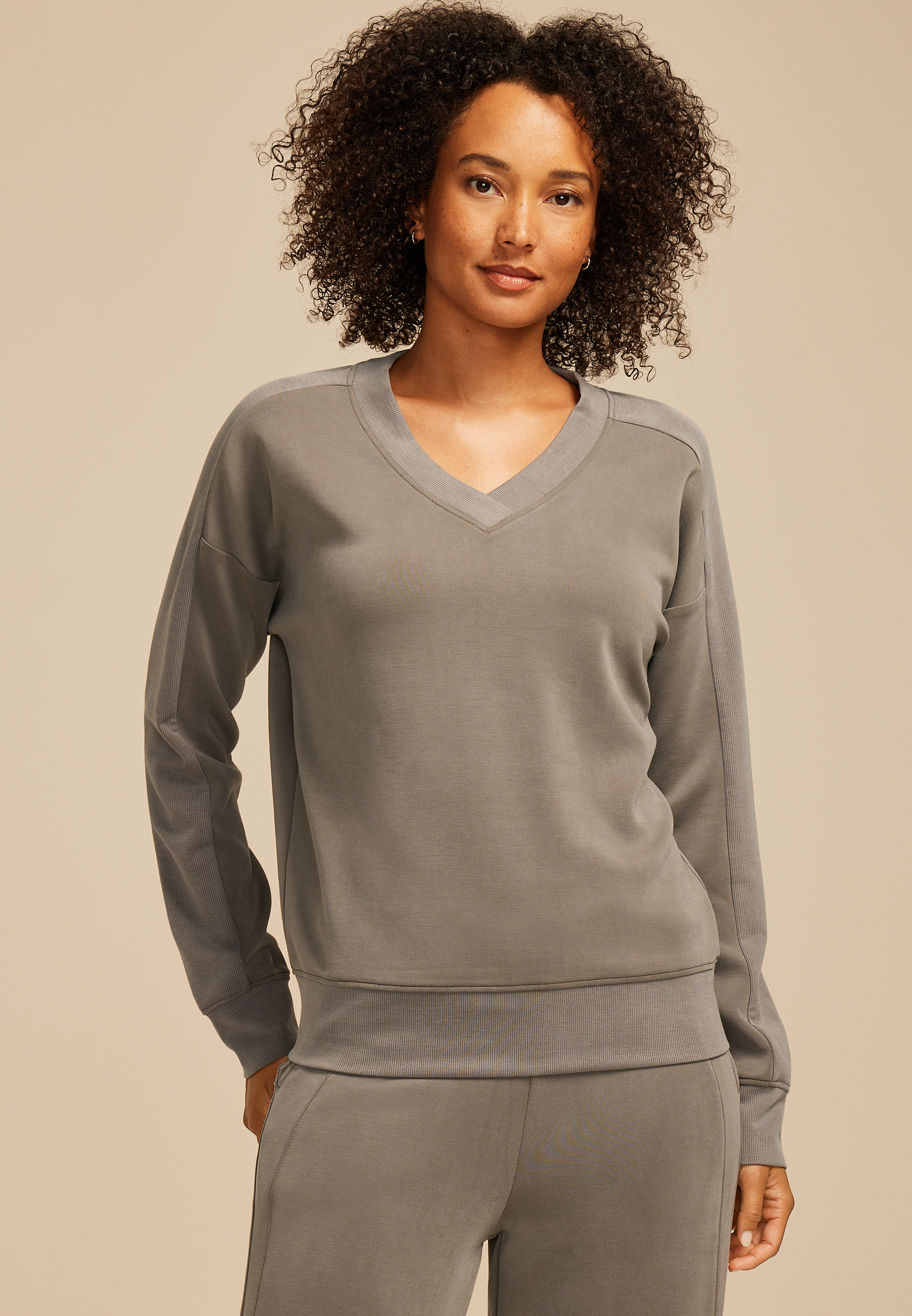 Solid V Neck Scuba Knit Sweatshirt