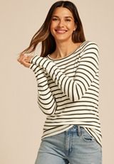 Soft Essential Striped Crew Neck Snap Cuff Top, SOFT WHITE COMBO, small
