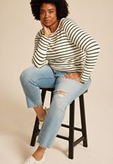 Plus Size Soft Essential Striped Crew Neck Snap Cuff Top, SOFT WHITE COMBO, small