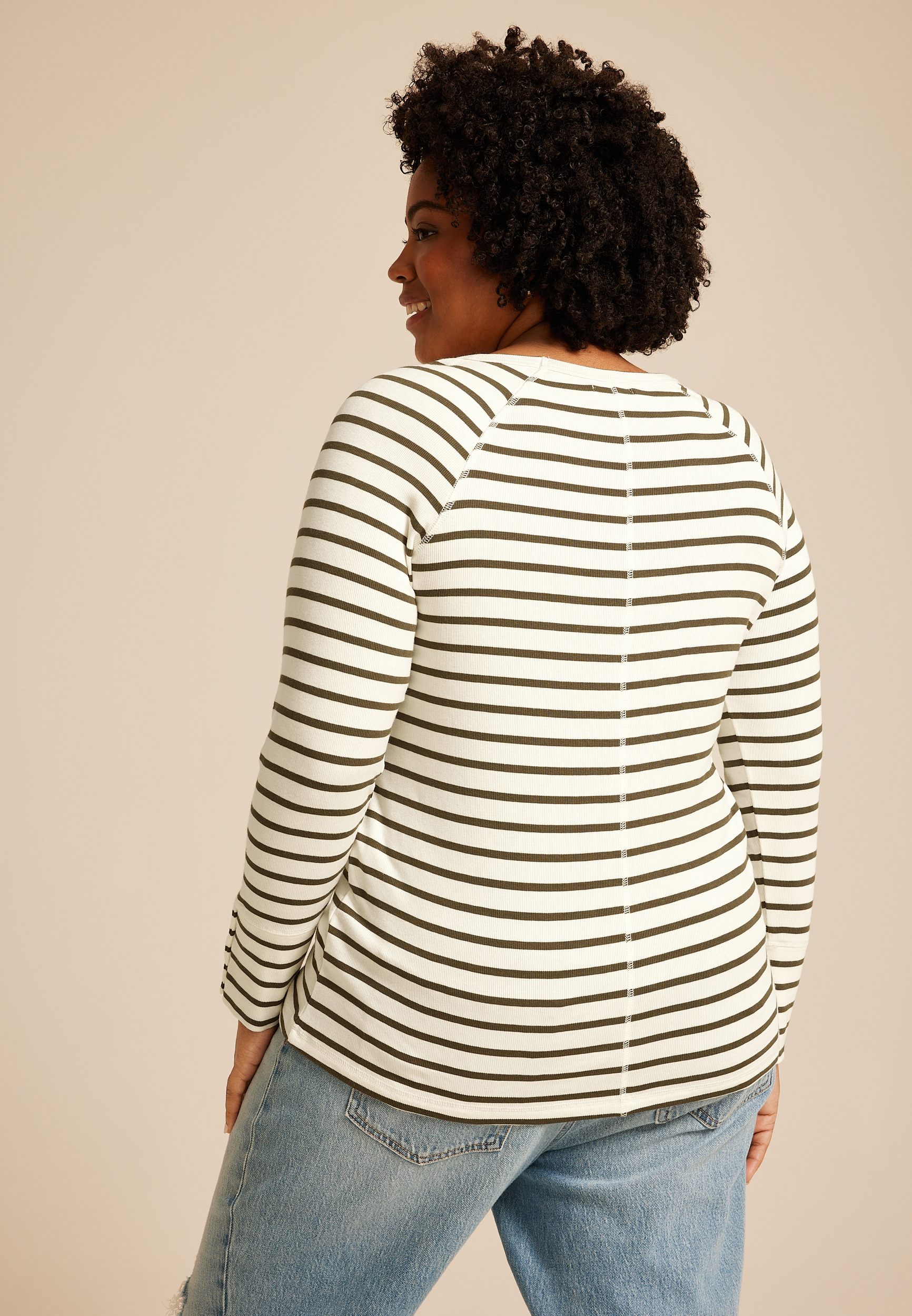 Plus Size Soft Essential Striped Crew Neck Snap Cuff Top, SOFT WHITE COMBO, large