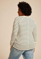 Plus Size Soft Essential Striped Crew Neck Snap Cuff Top, SOFT WHITE COMBO, small