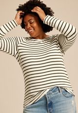 Plus Size Soft Essential Striped Crew Neck Snap Cuff Top, SOFT WHITE COMBO, small