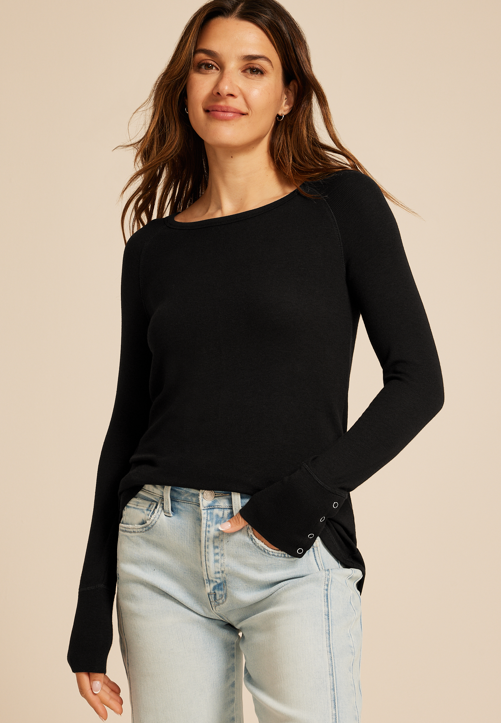 Plus Size Soft Essential Crew Neck Snap Cuff Top