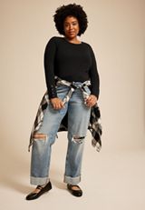 Plus Size Soft Essential Crew Neck Snap Cuff Top, C106, small