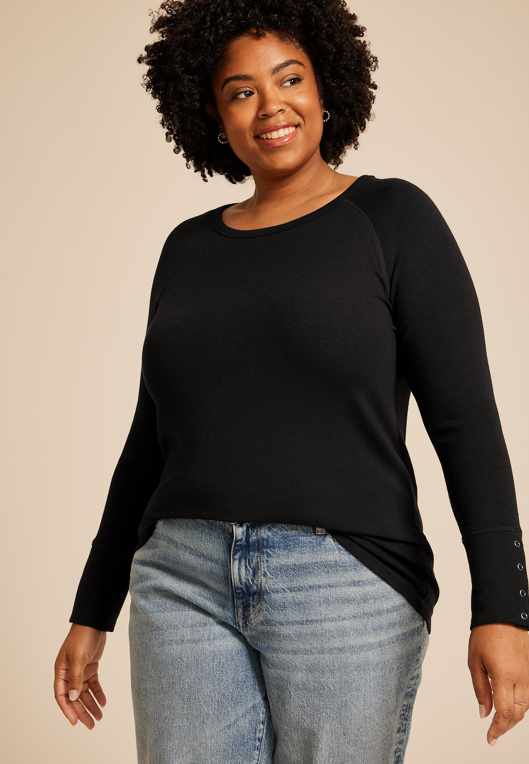 Plus Size Soft Essential Crew Neck Snap Cuff Top, C106, large