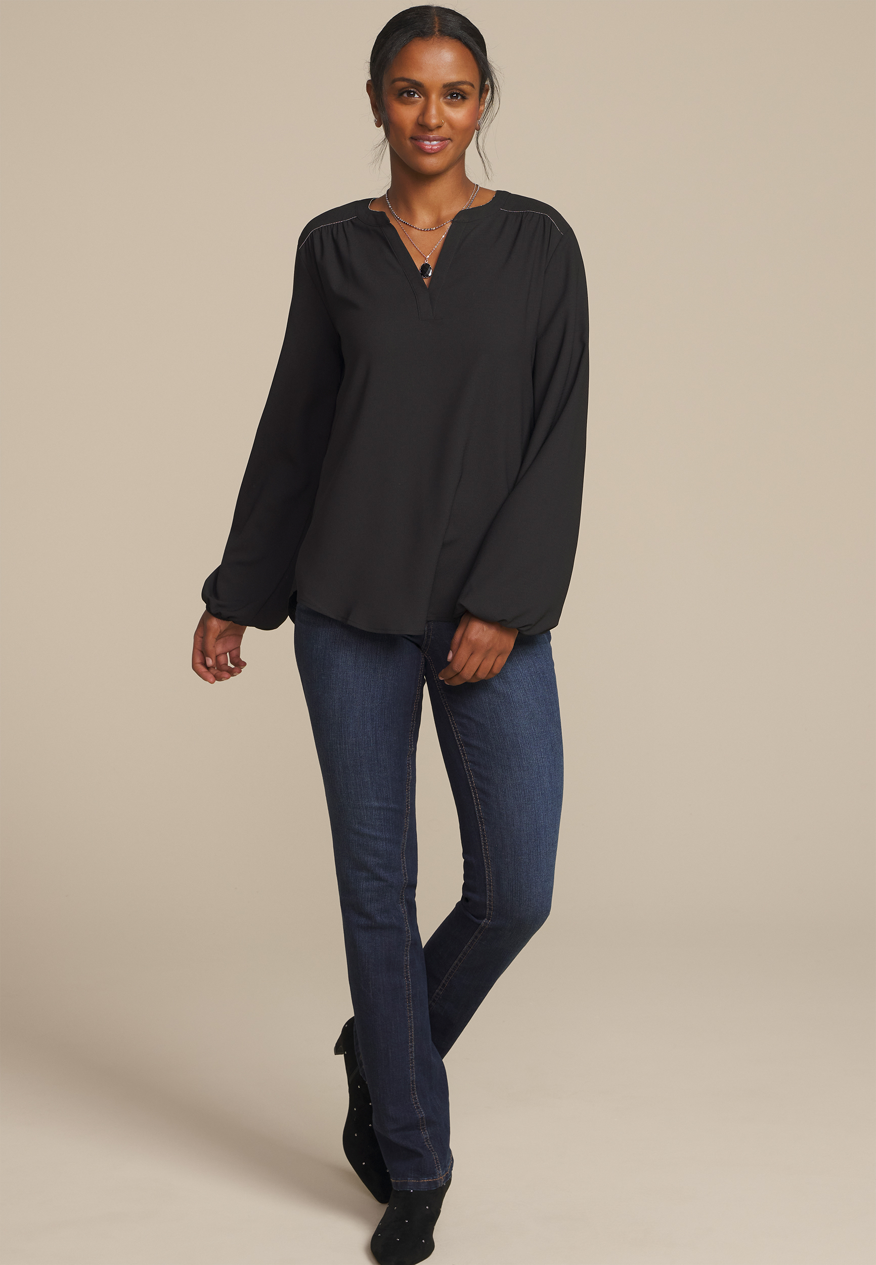 Silver Trim V Neck Blouse | maurices