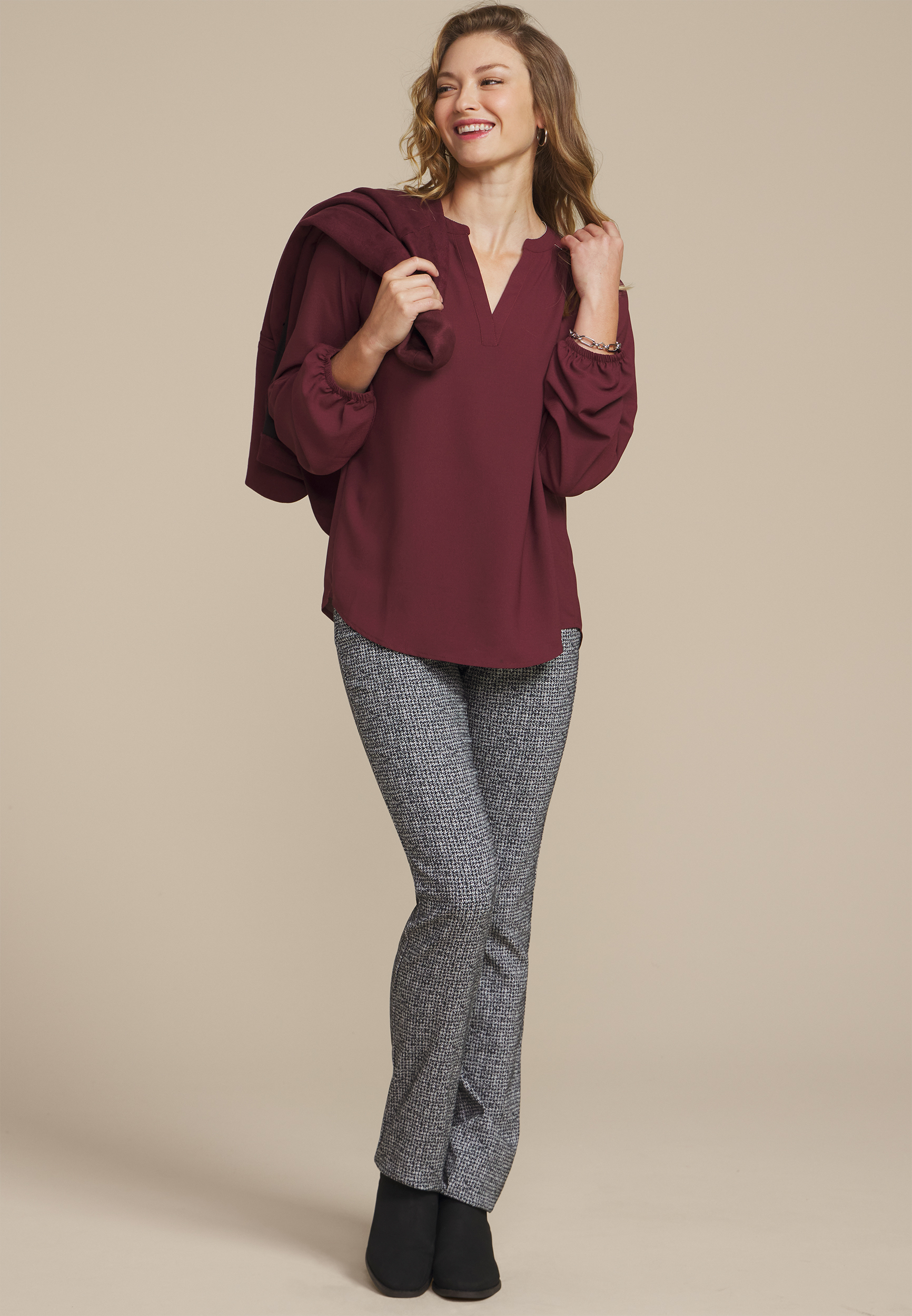 Silver Trim Notch Neck Blouse