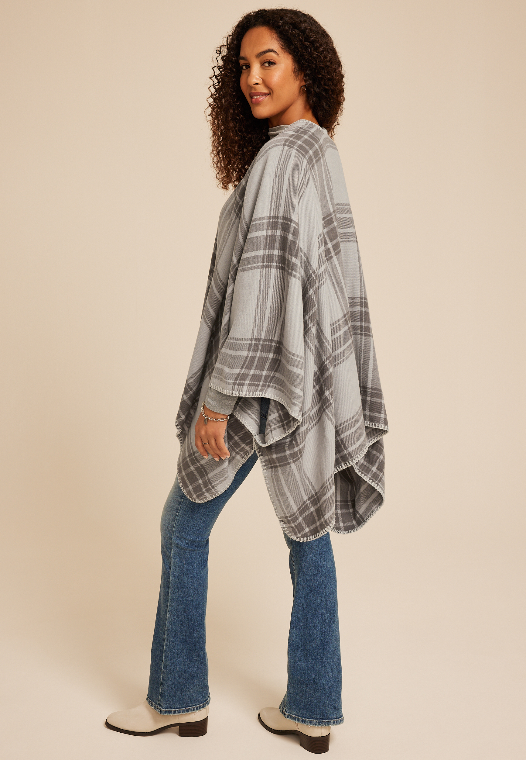 Whipstitch Plaid Blanket Kimono, , large