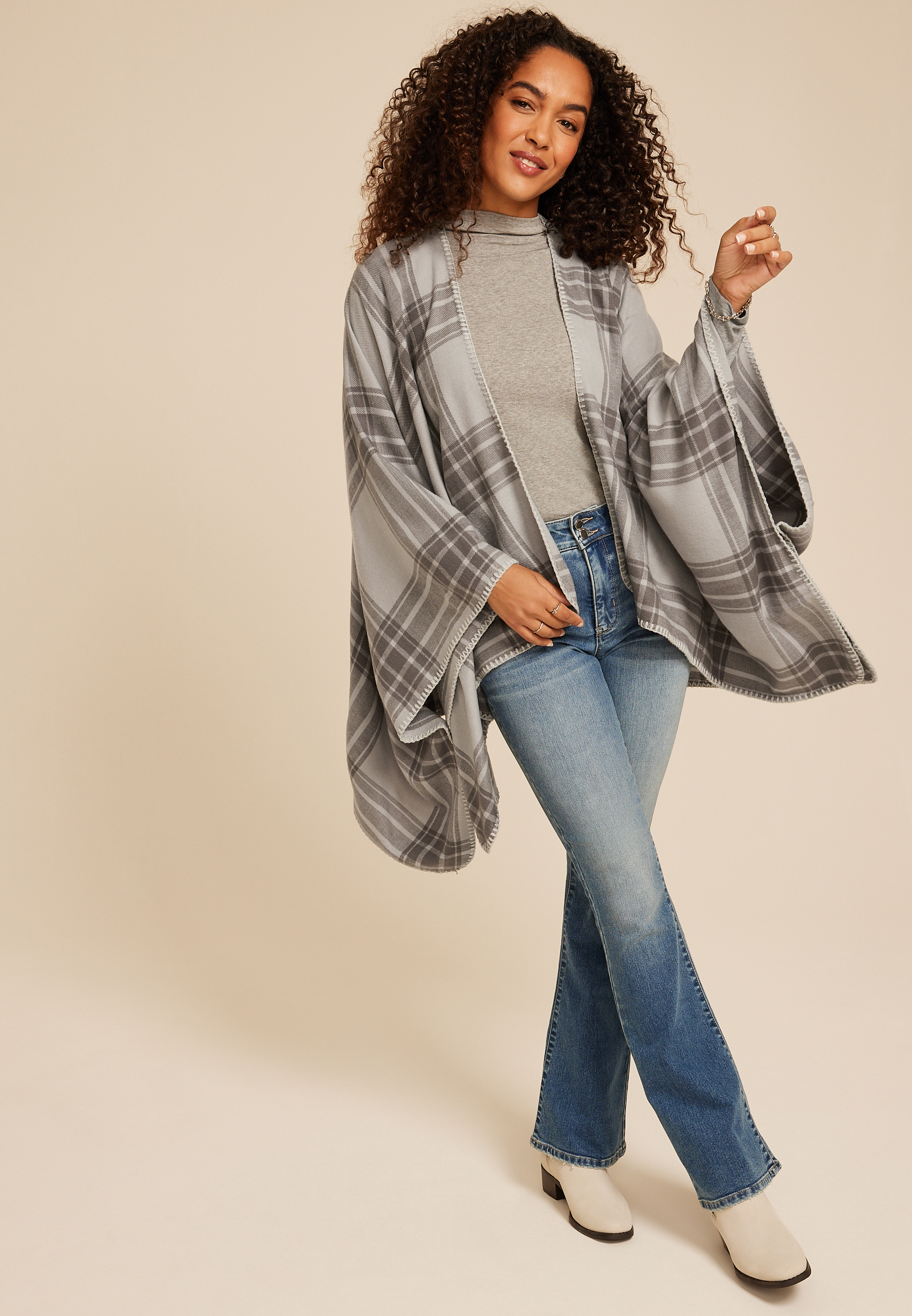 Whipstitch Plaid Blanket Kimono, , large