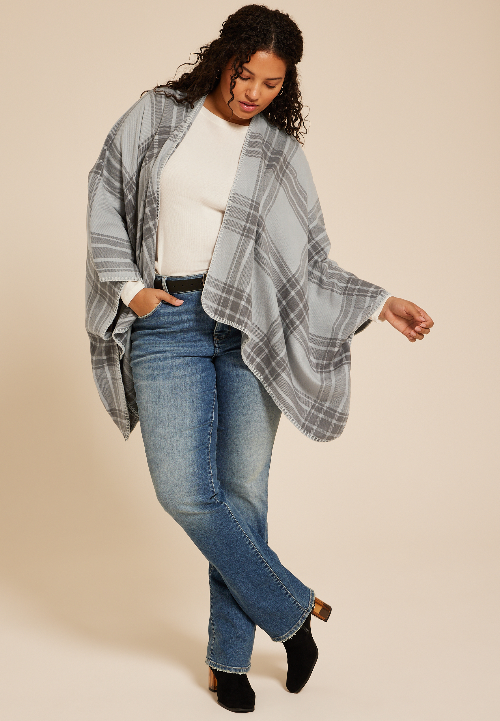 Whipstitch Plaid Blanket Kimono, , large