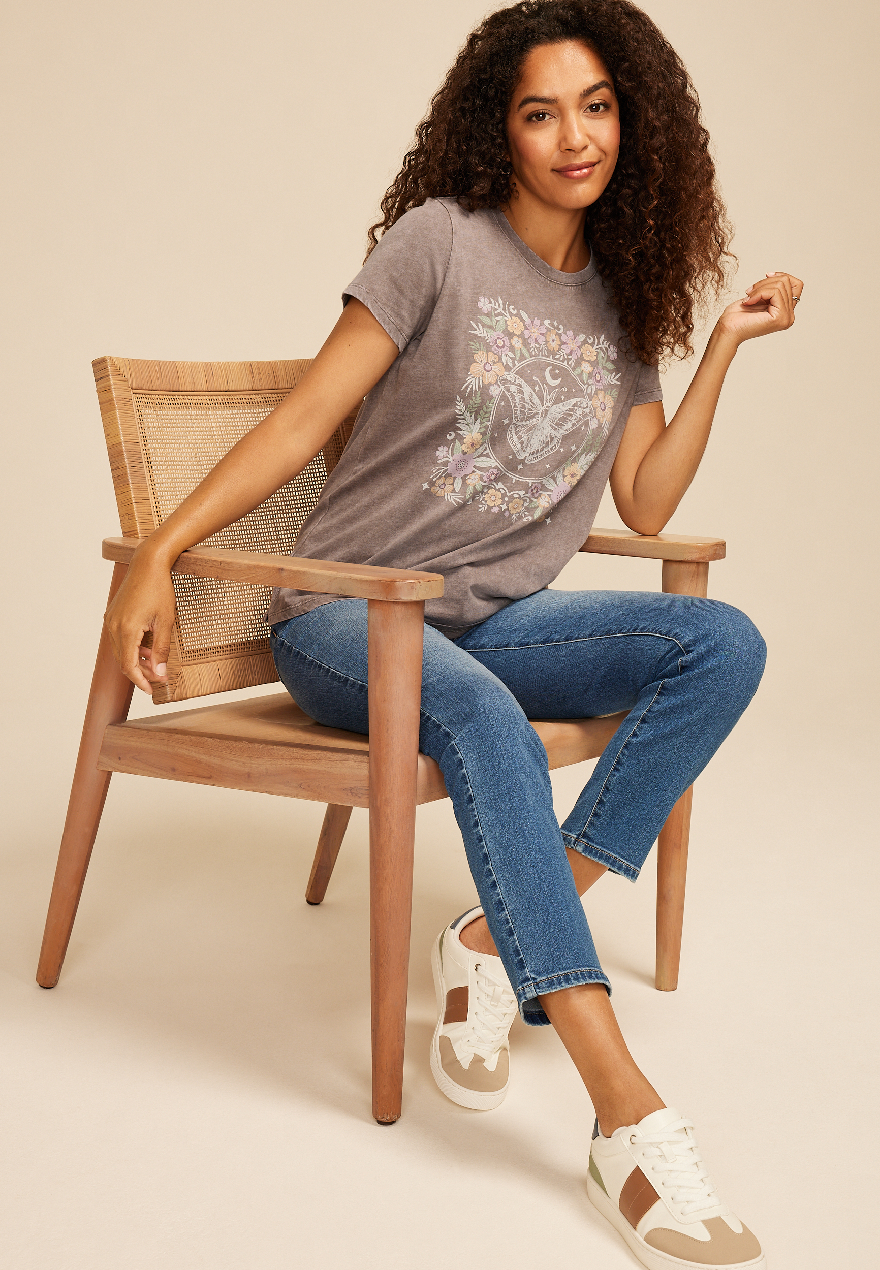 Floral Butterfly Classic Fit Graphic Tee, WARM STONE, large