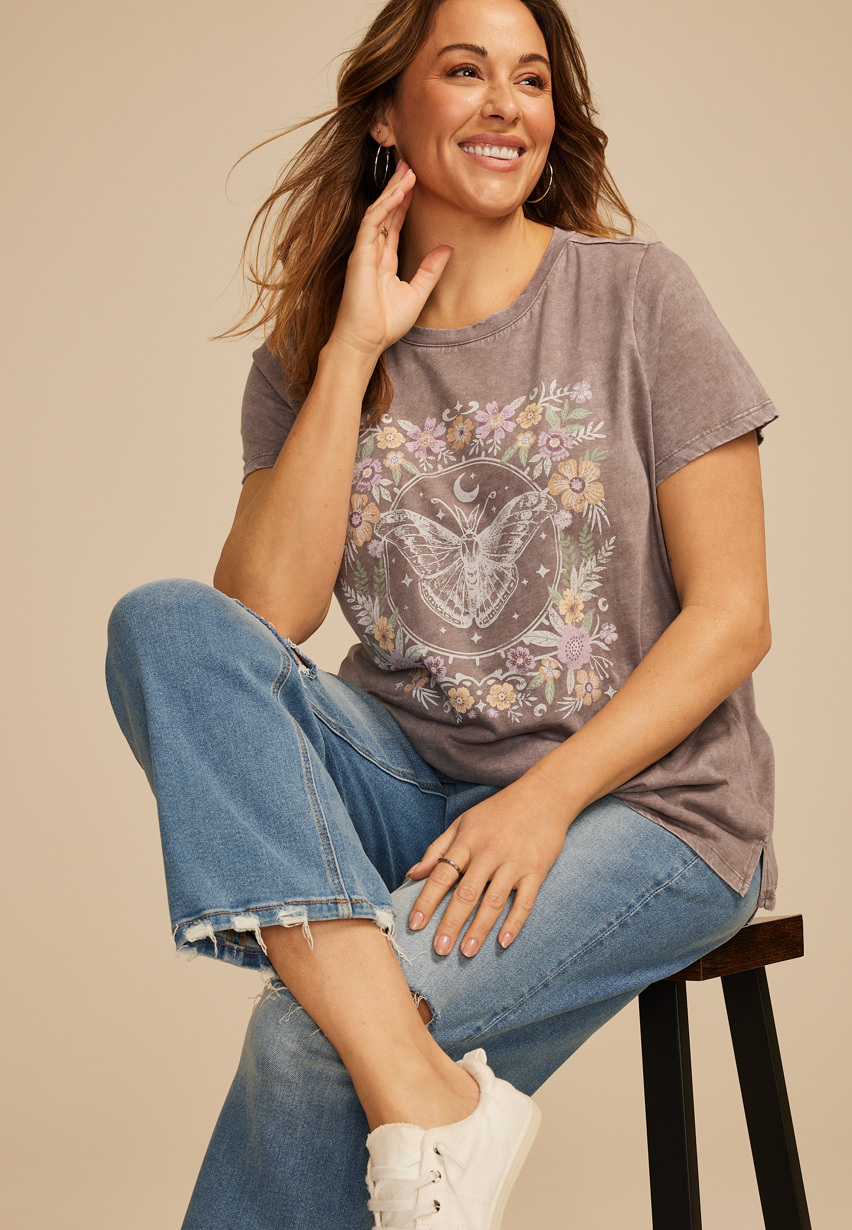 Plus Size Floral Butterfly Classic Fit Graphic Tee, WARM STONE, large