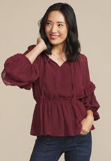 Clip Dot Long Sleeve Peplum Blouse, TAWNY PORT, small