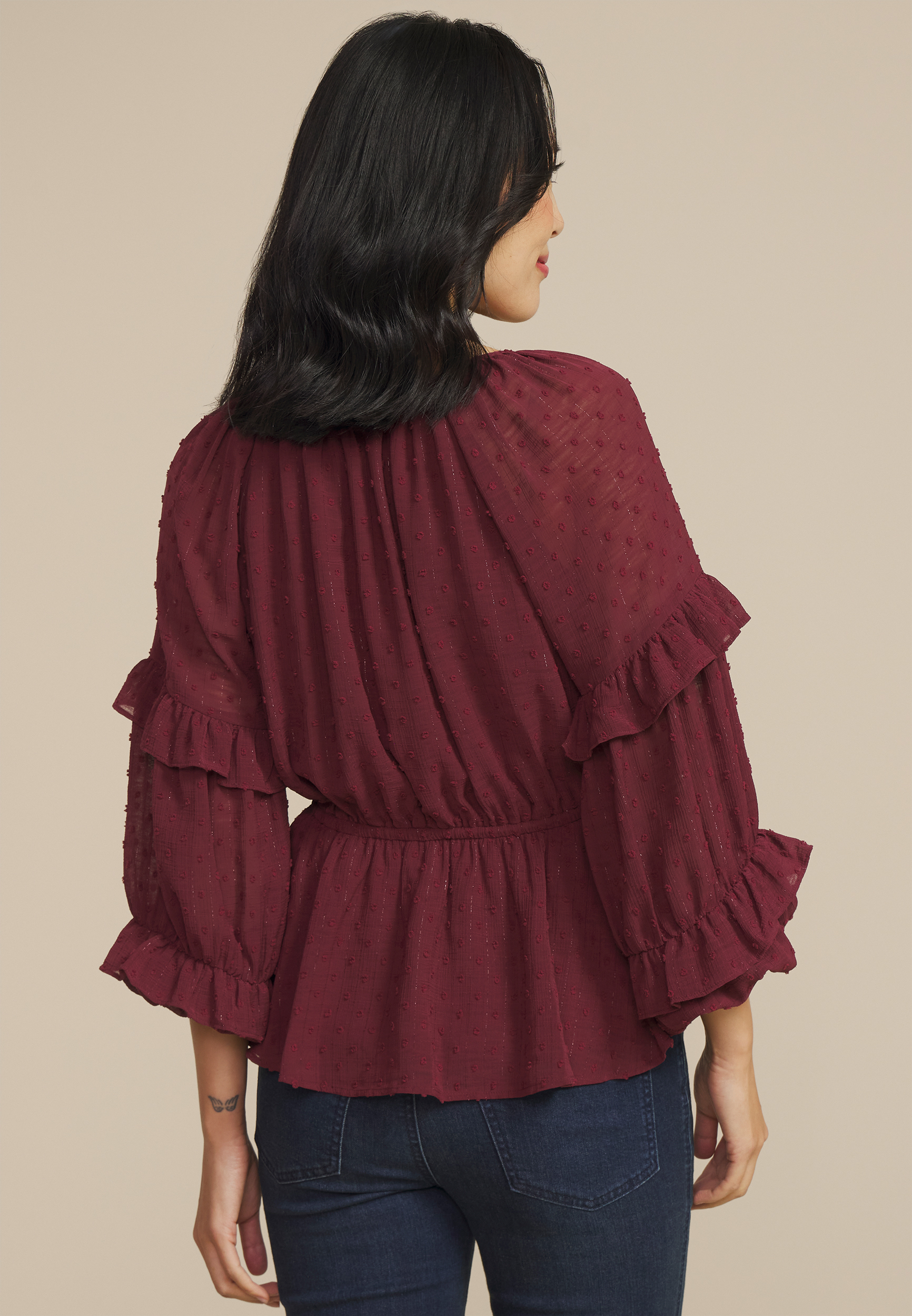 Clip Dot Long Sleeve Peplum Blouse, TAWNY PORT, large