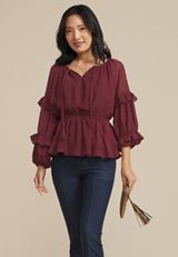 Clip Dot Long Sleeve Peplum Blouse, TAWNY PORT, small