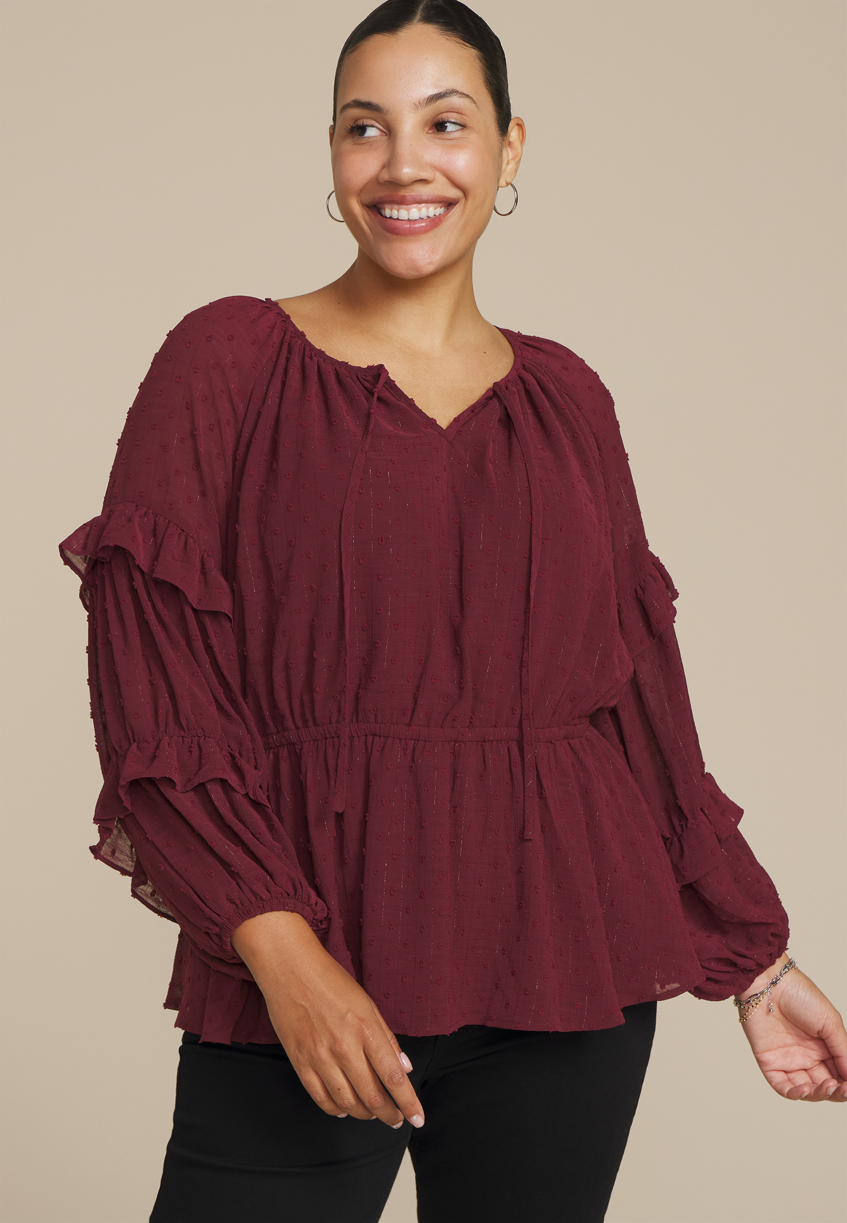 Plus Size Clip Dot Long Sleeve Peplum Blouse