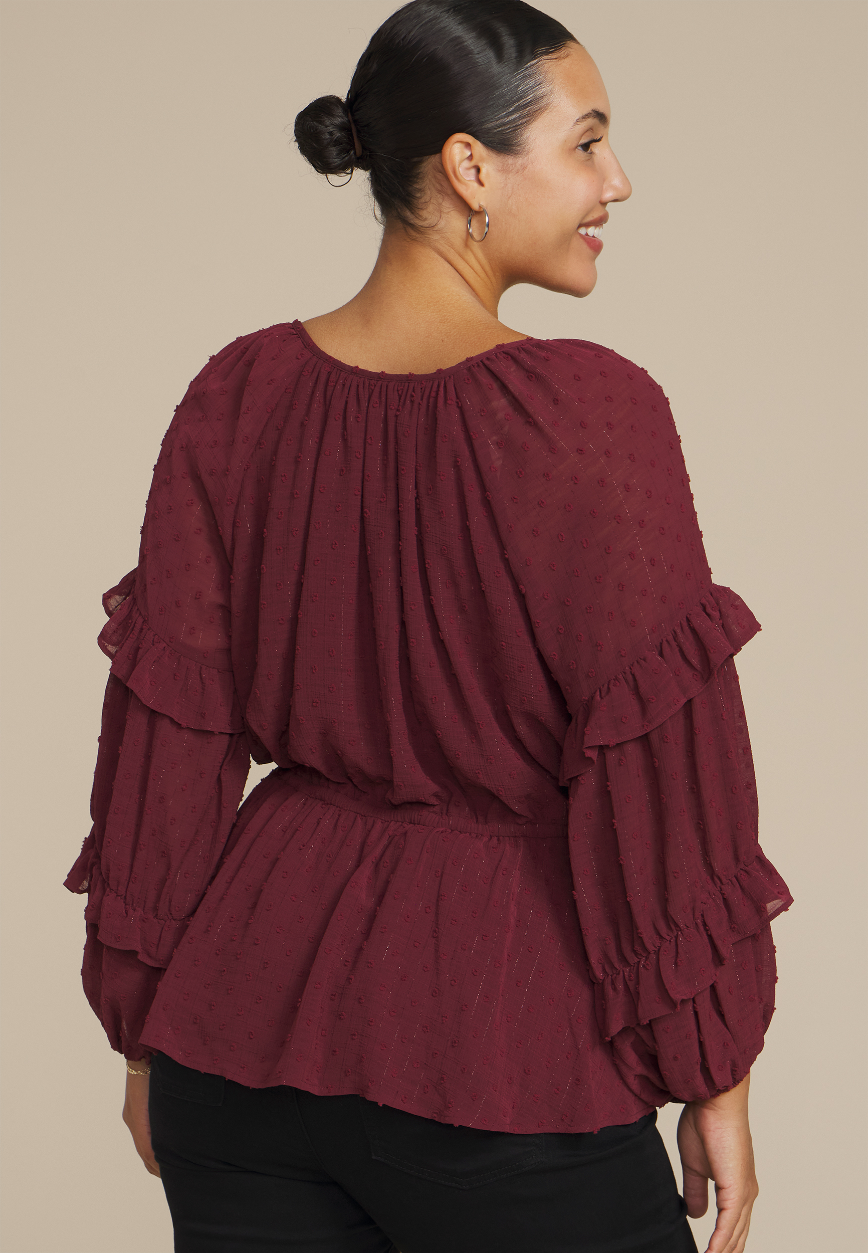 Plus Size Clip Dot Long Sleeve Peplum Blouse, C5212, large