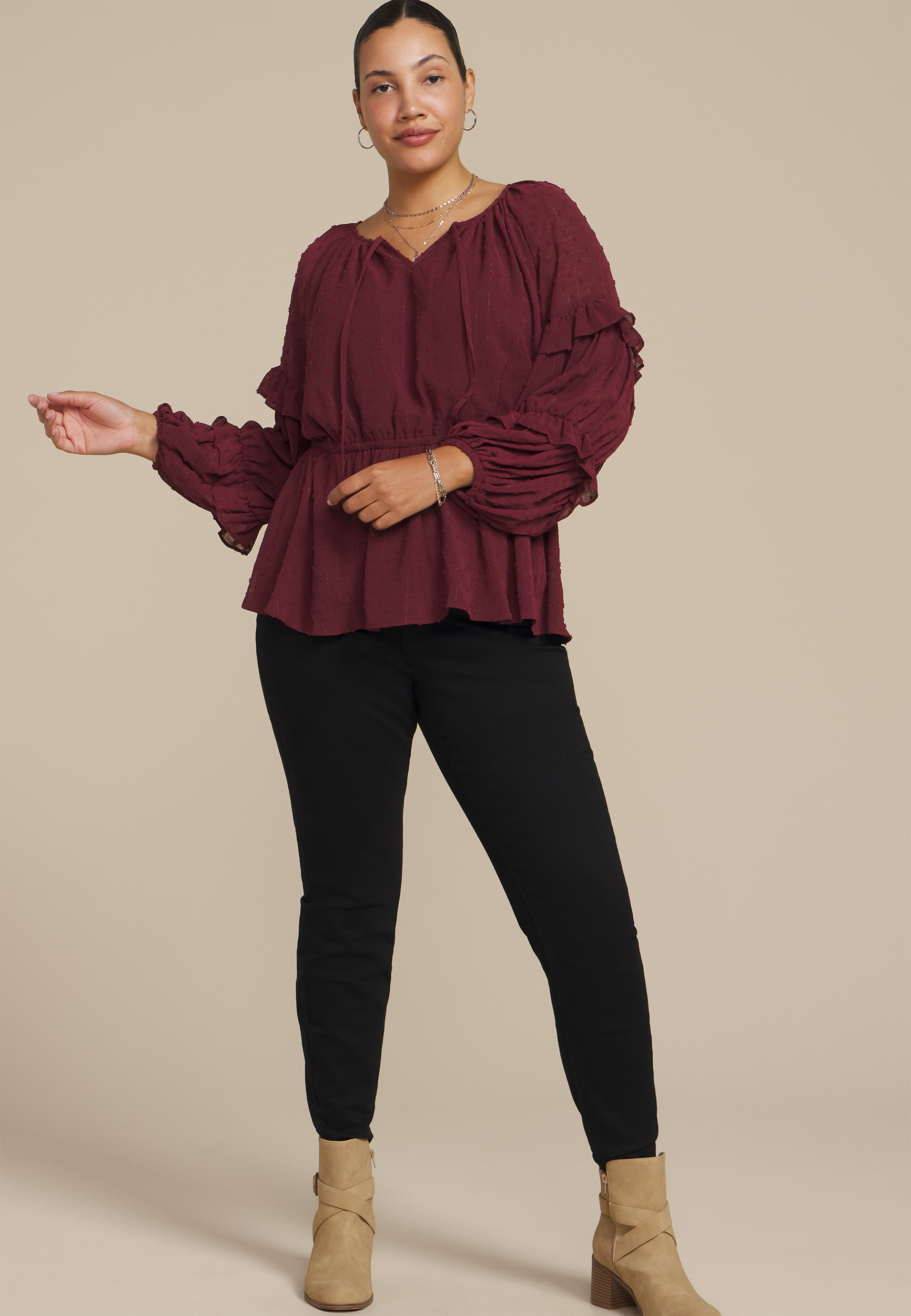 Plus Size Clip Dot Long Sleeve Peplum Blouse, C5212, large