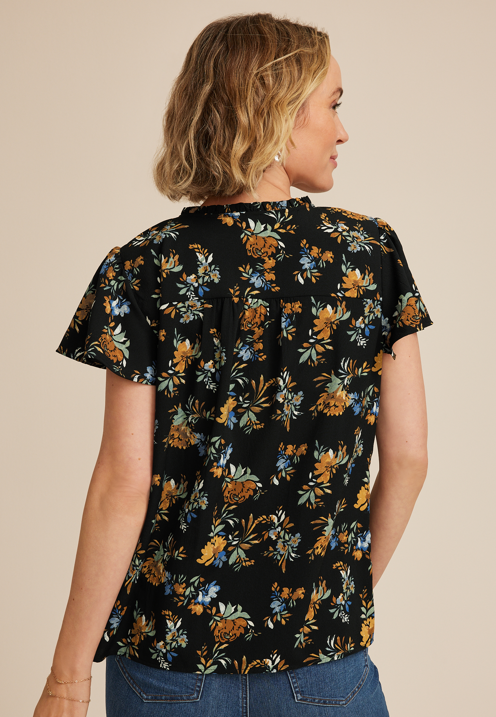 Atwood Floral Smocked Shoulder Flutter Sleeve Blouse, C1524, large
