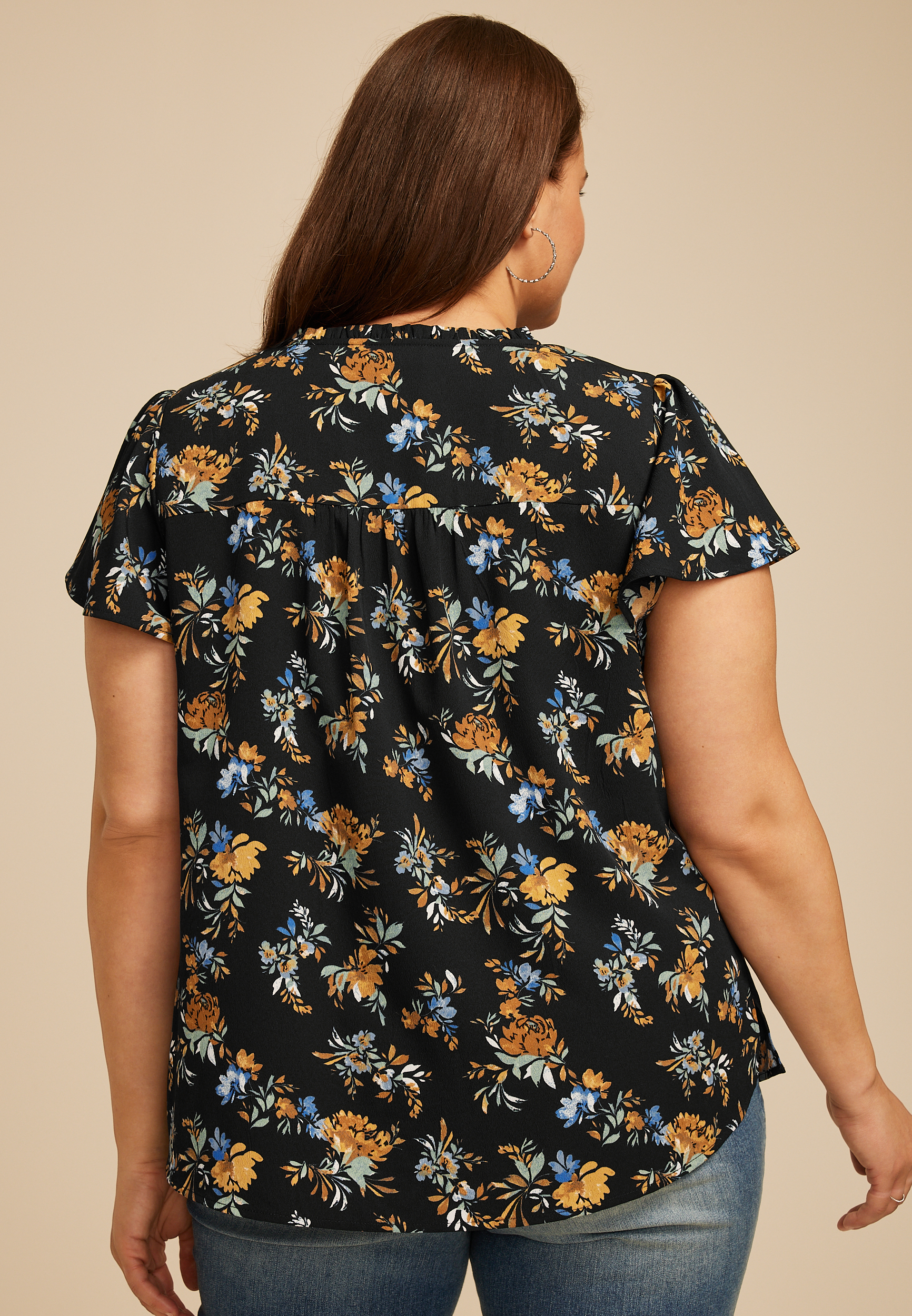 Plus Size Atwood Floral Smocked Shoulder Flutter Sleeve Blouse, C1524, large