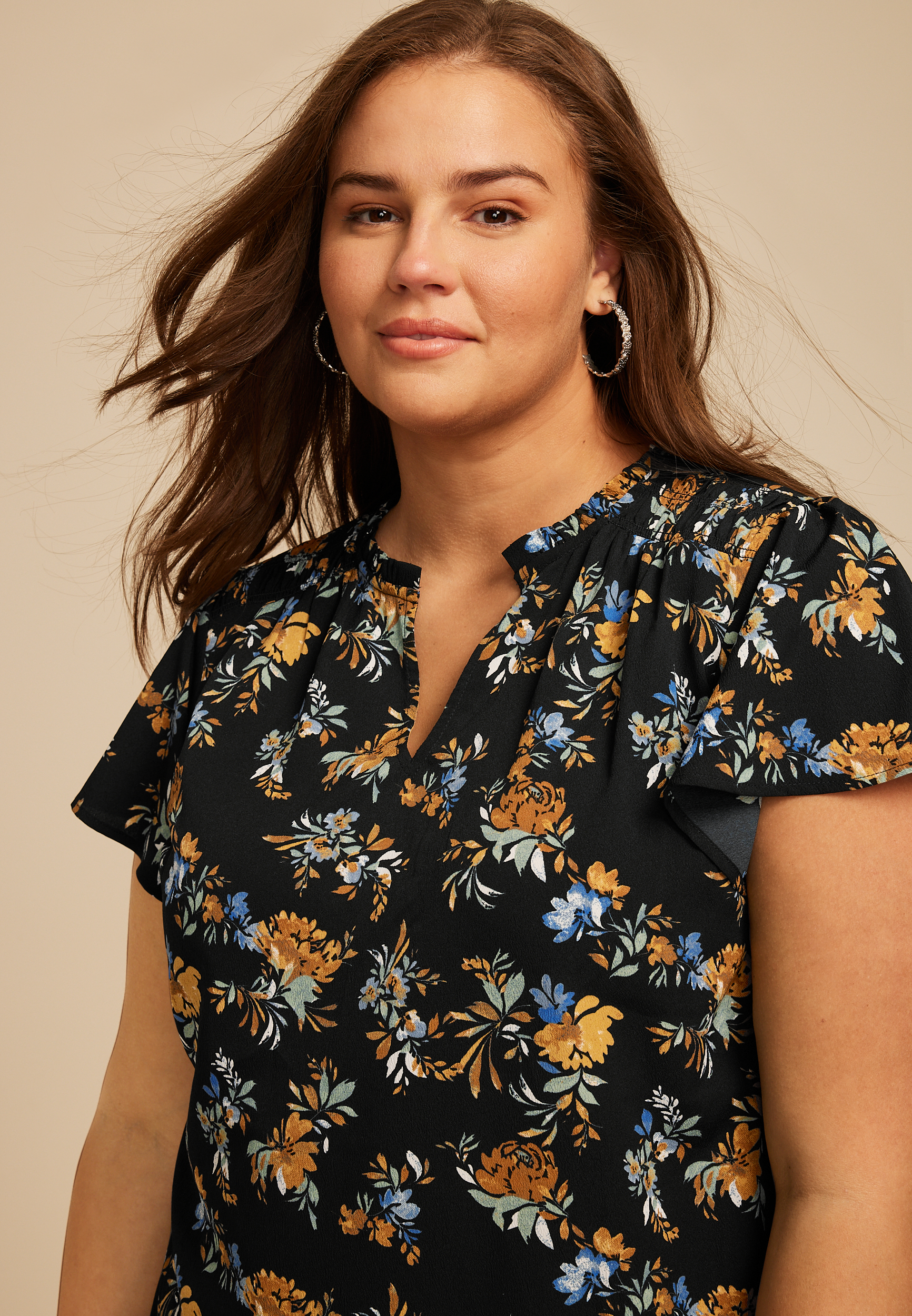 Plus Size Atwood Floral Smocked Shoulder Flutter Sleeve Blouse, C1524, large