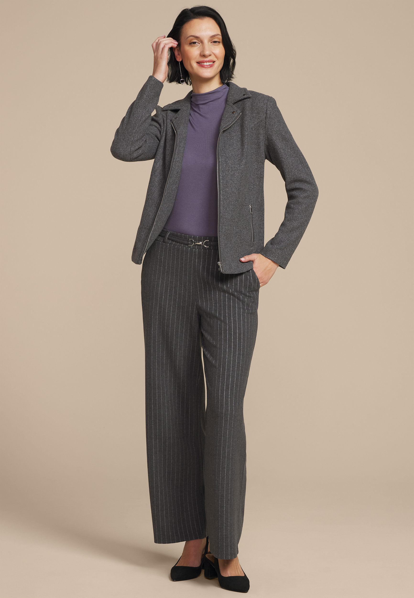 Pinstripe Knit High Rise Wide Leg Pant, GRAY COMBO, large