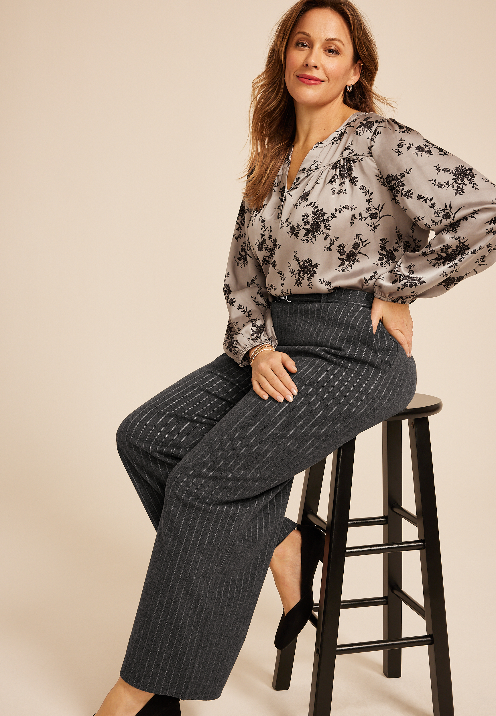 Plus Size Pinstripe Knit High Rise Wide Leg Pant, C1755, large