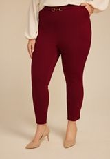 Plus Size Gold Buckle Ponte Pull On Skinny Pant, MULBERRY, small