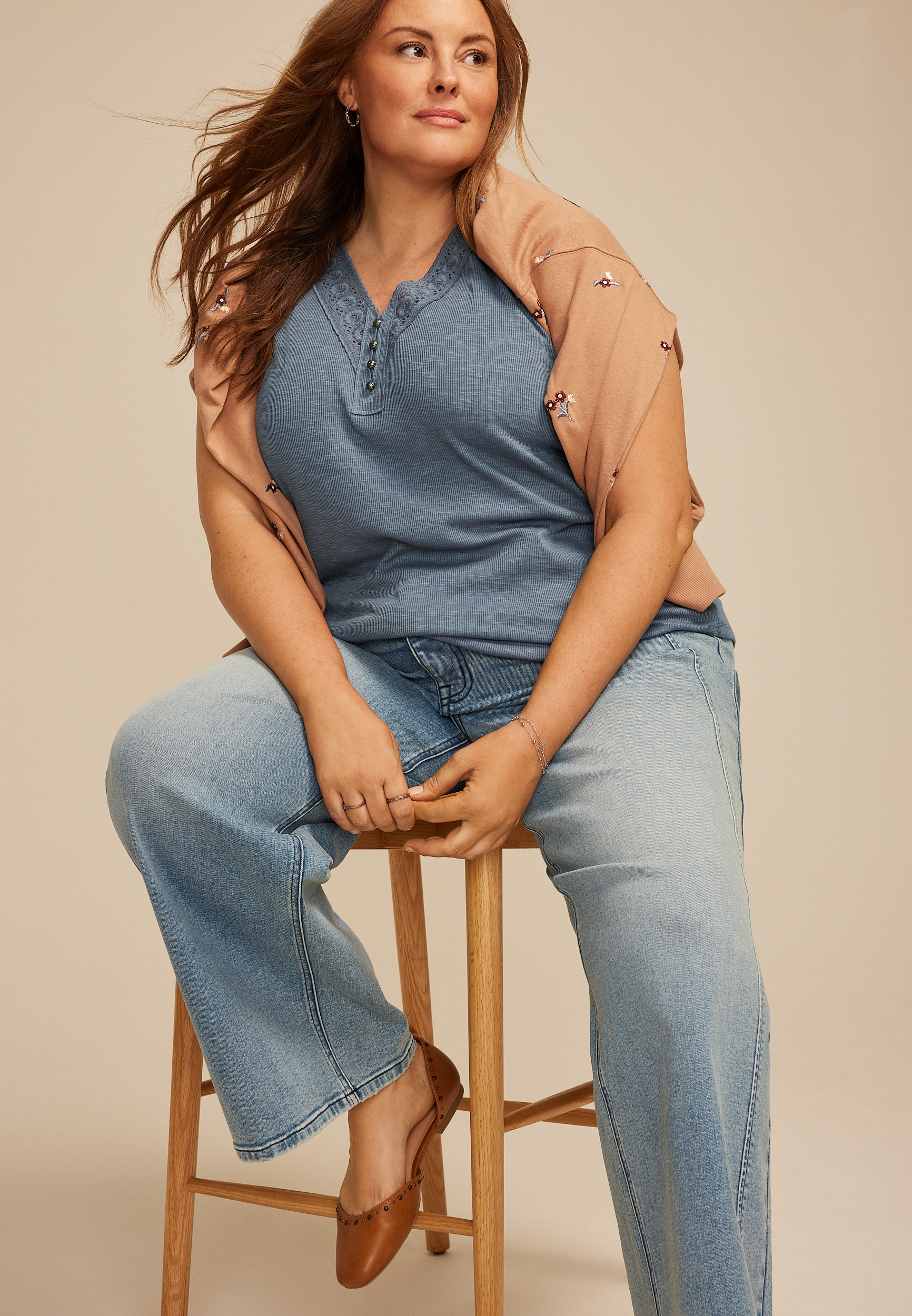 Plus Size Crochet Yoke Henley Tank Top