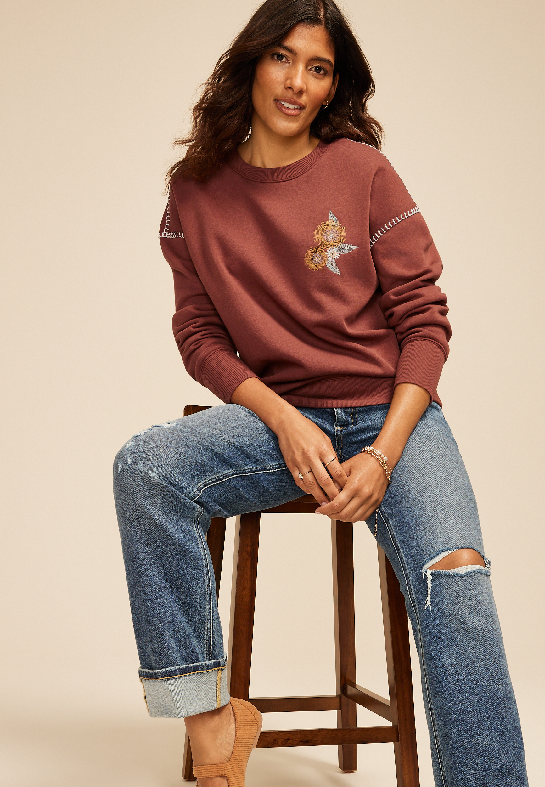 Whipstitch Embroidered Relaxed Fit Sweatshirt, , large