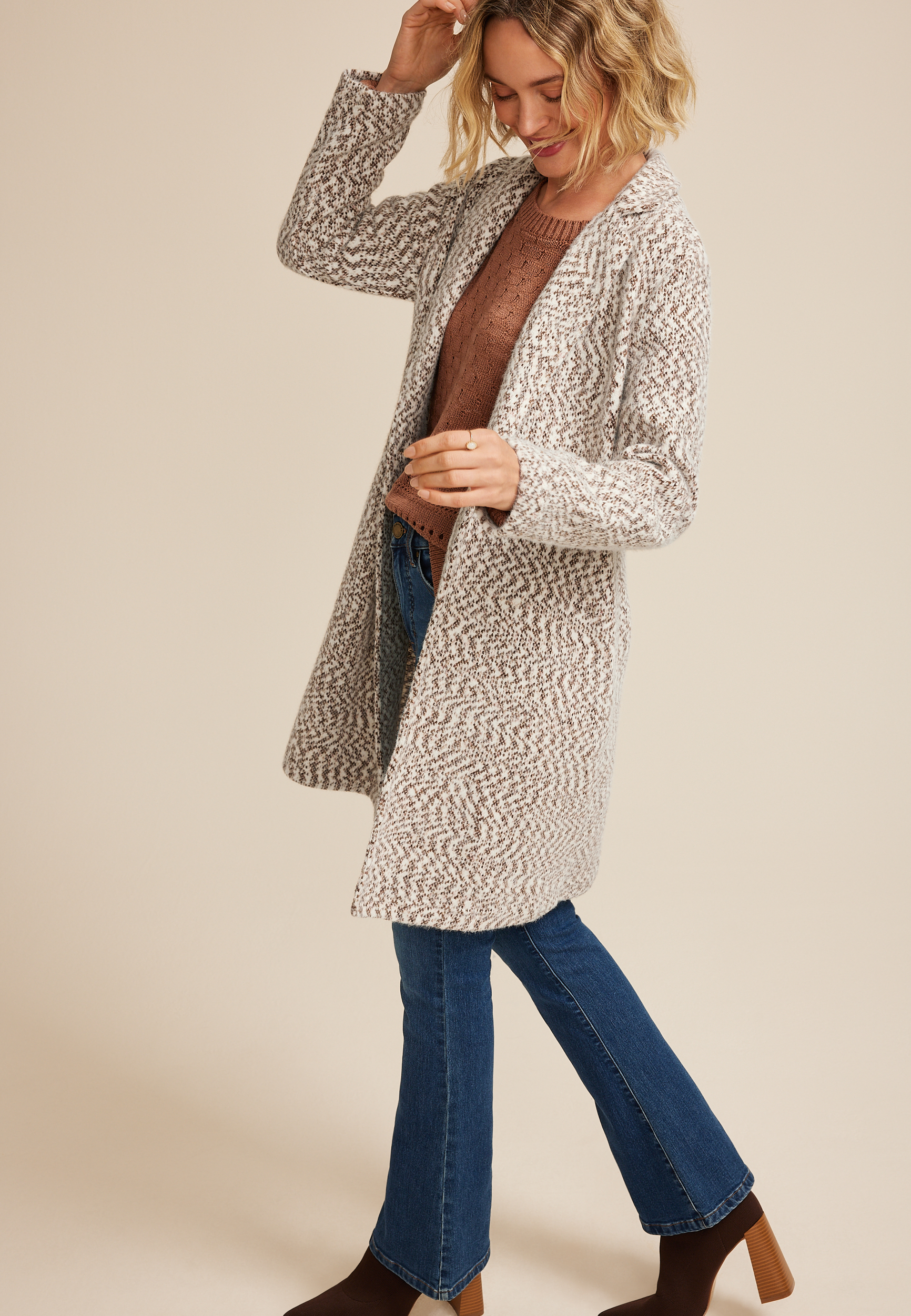Herringbone Textured One Button Coat, C3404, large
