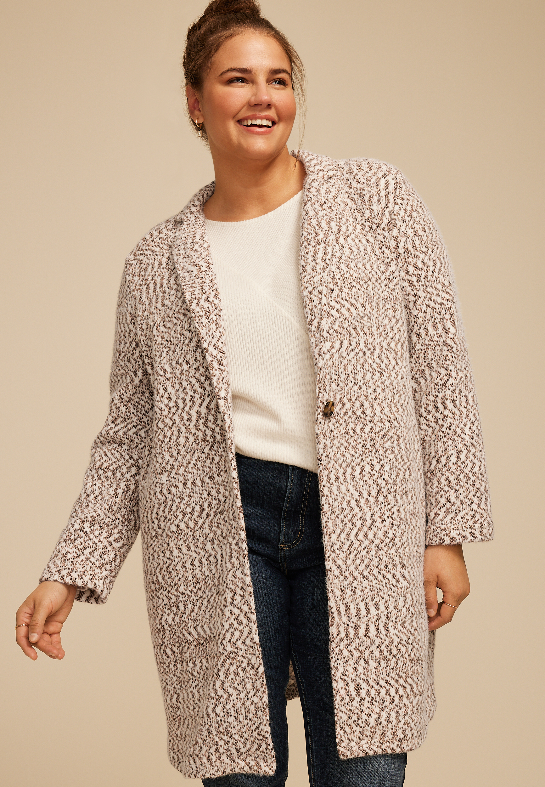 Plus Size Herringbone Textured One Button Coat