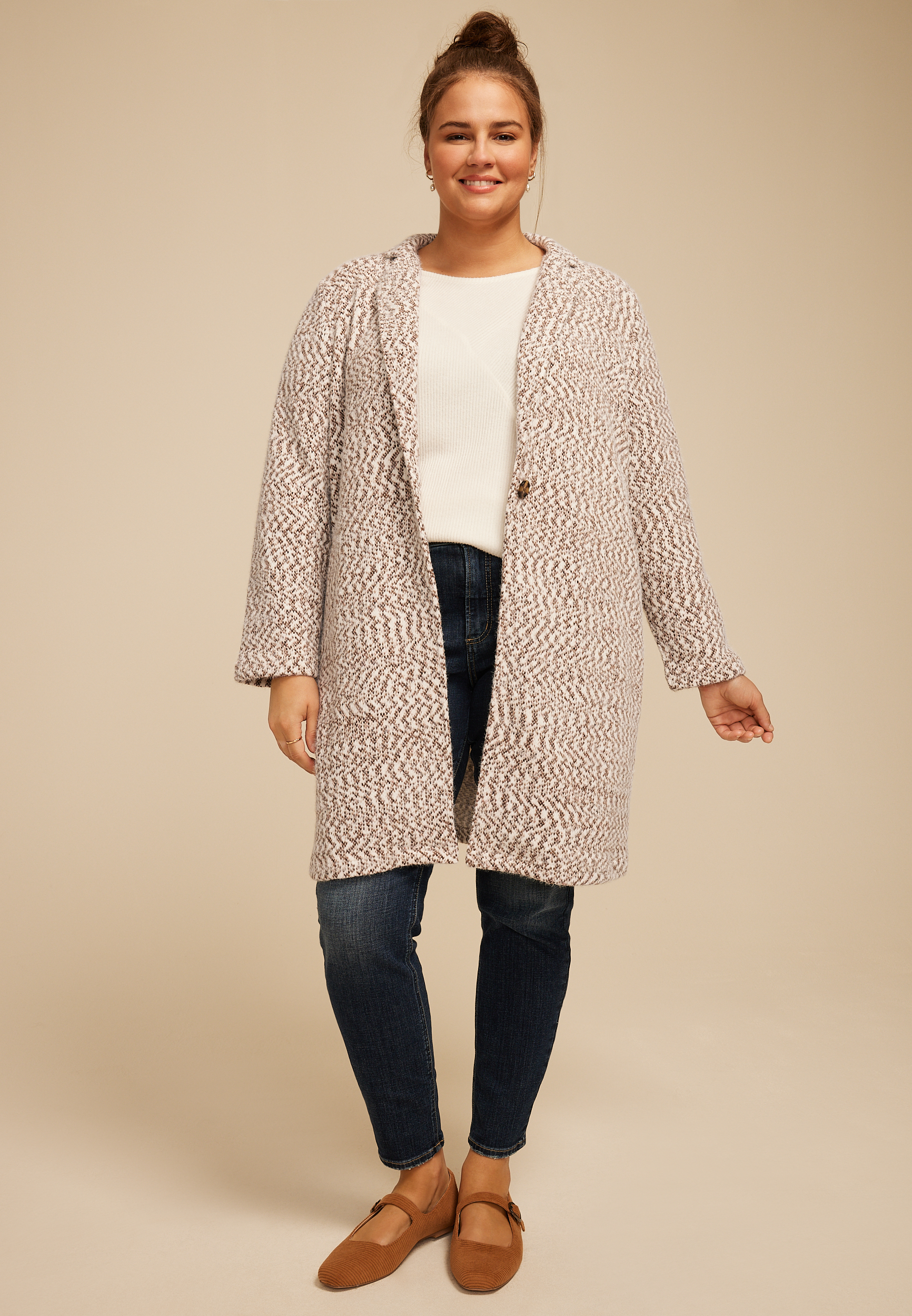 Plus Size Herringbone Textured One Button Coat, OAK TAUPE COMBO, large