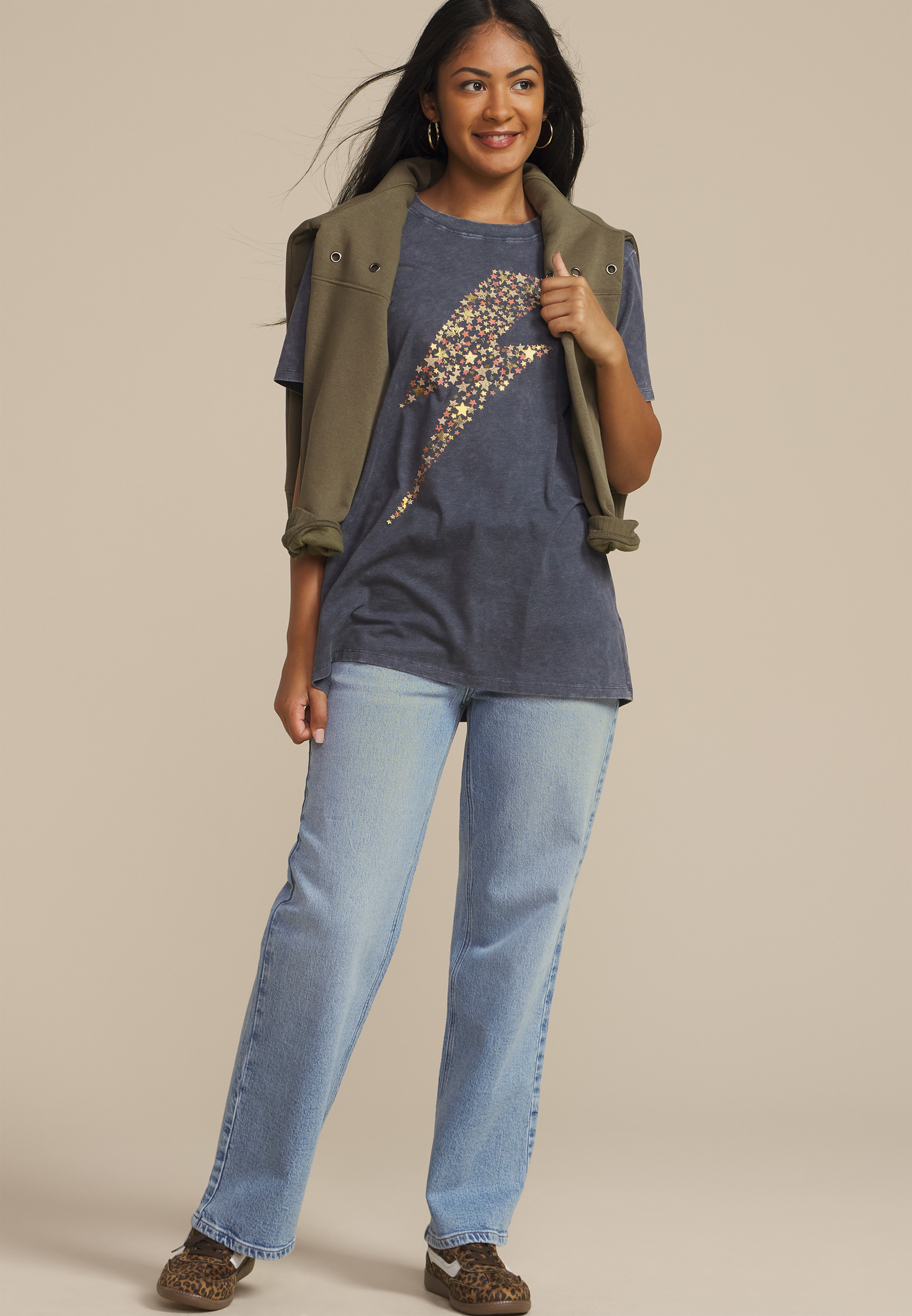 Star Lightning Bolt Oversized Fit Graphic Tee, BLUE JASMINE, large