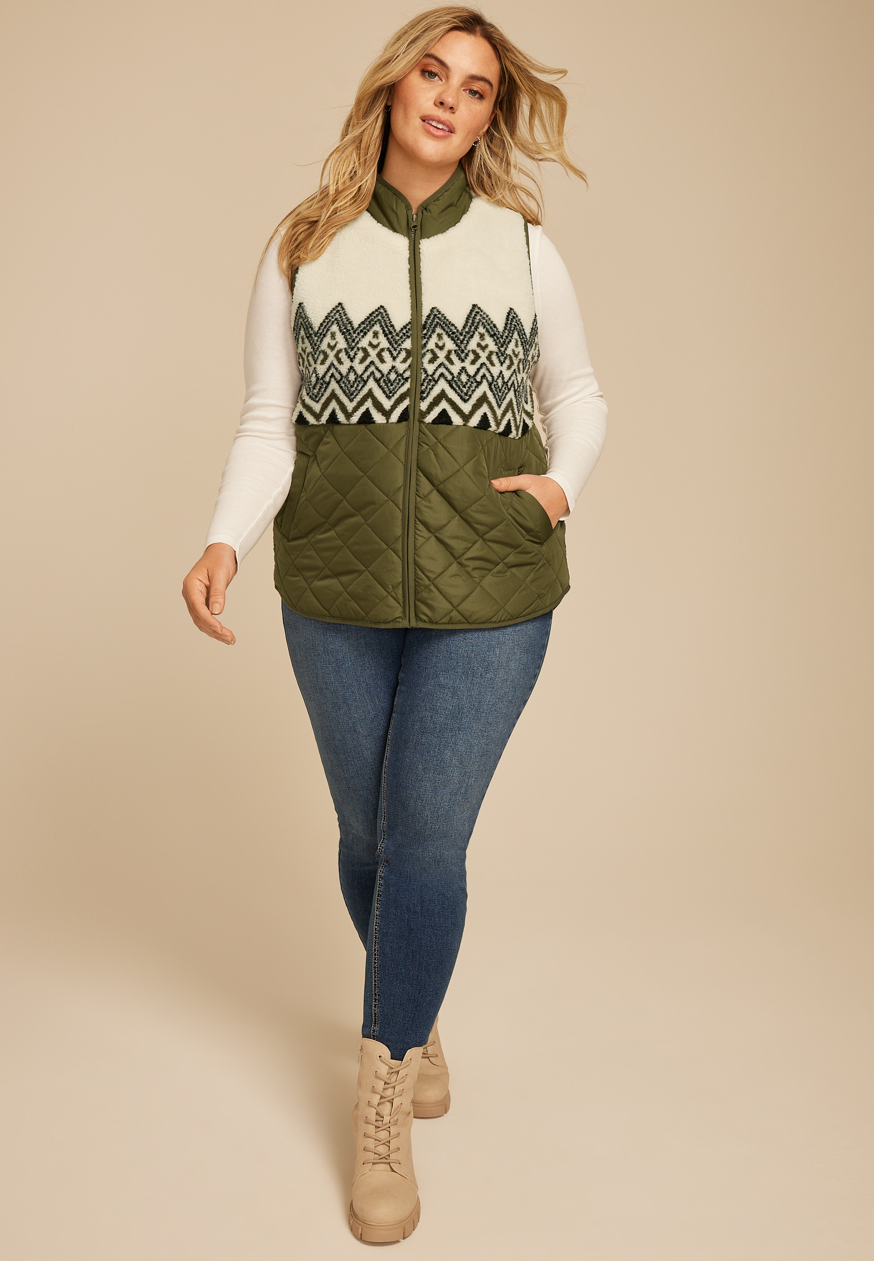 Plus Size Fair Isle Sherpa Quilted Vest, , large