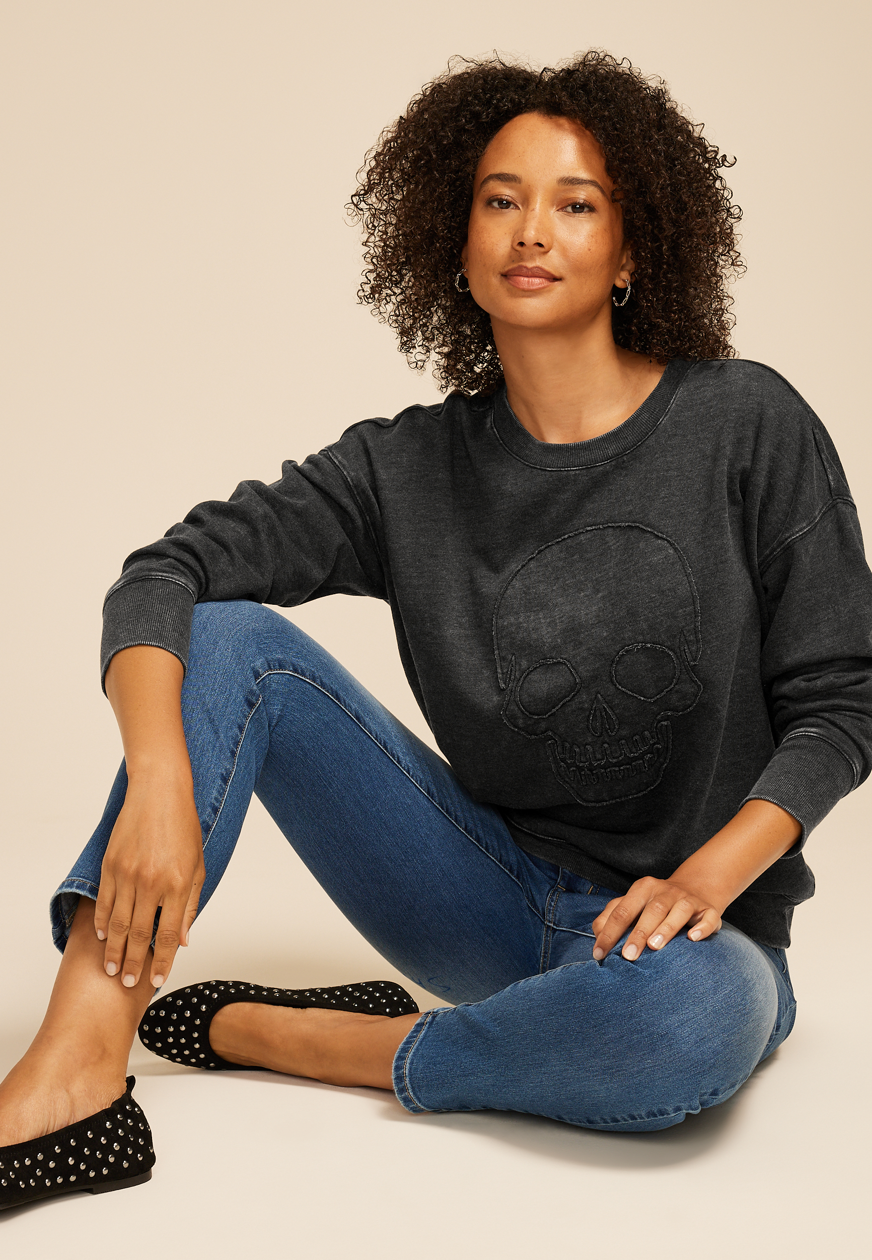 Skull Applique Relaxed Fit Sweatshirt, , large