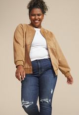Plus Size Tan Suede Bomber Jacket, TAN, small